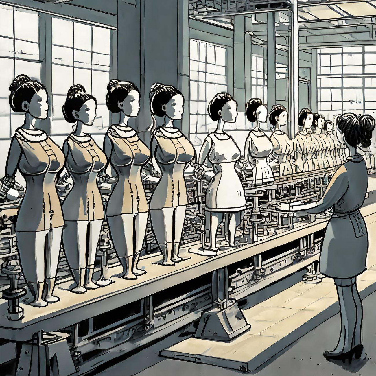 Decorative image of factory full of female clones undergoing quality inspection