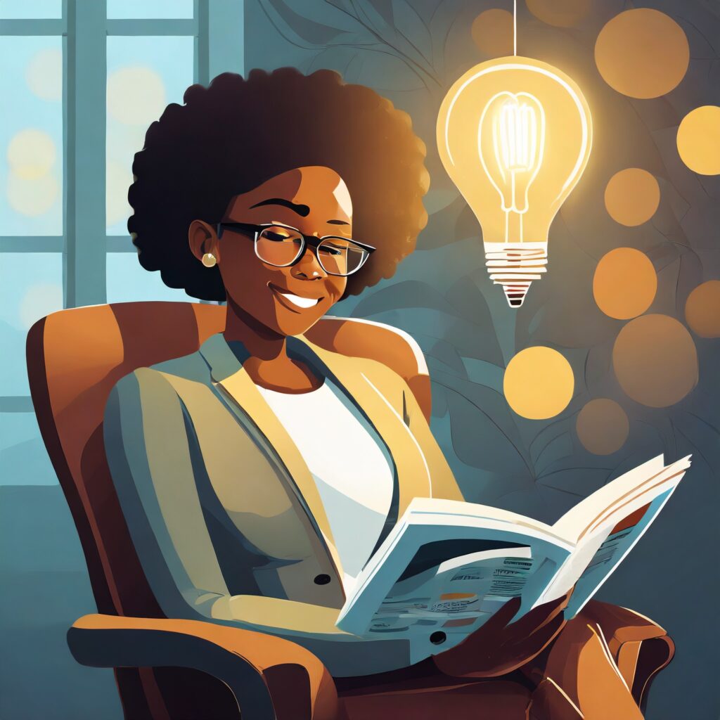 female in chair reading article with glowing light bulb above