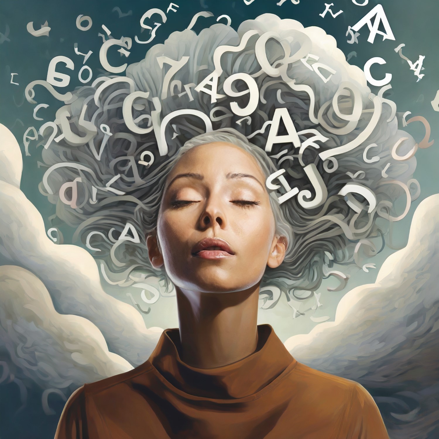 Decorative image of serene female with letters floating all around head