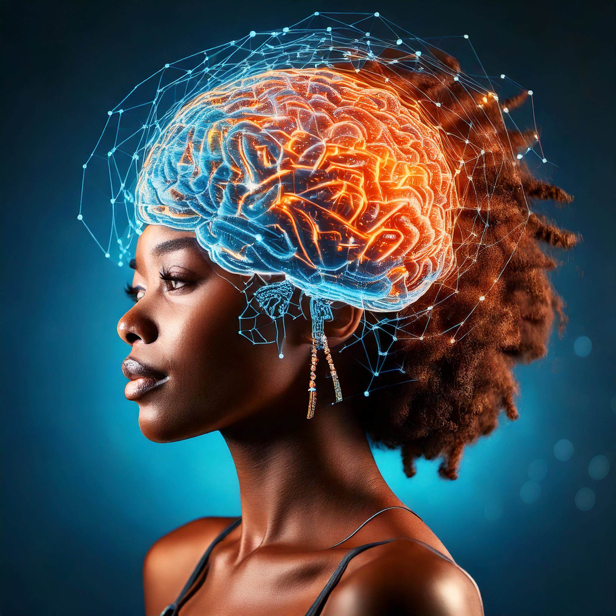 Decorative image of female leader. Vibrant blue and orange brain showing connections.